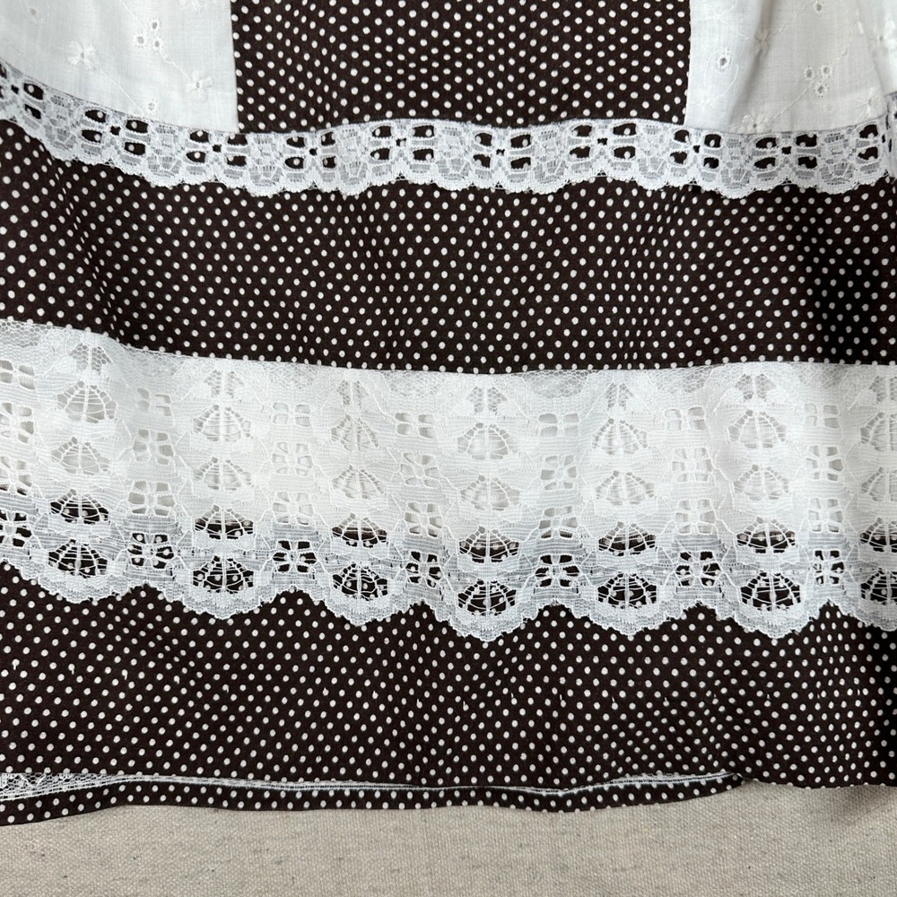 Vintage Brown Polka Dot Eyelet Lace Trim Prairie Skirt Cottagecore Midi - Picture 7 of 7